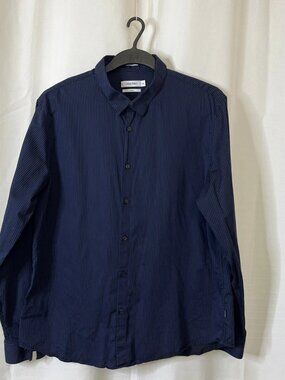 Calvin Klein Shirt Men's LS Striped Collared Slim Fit Blue XXL 100% Cotton.